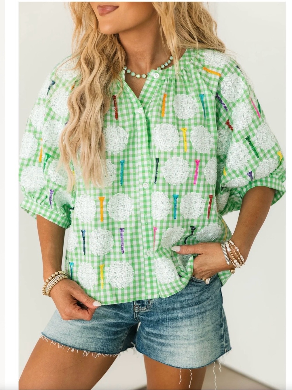 NWOT Queen of Sparkles Green & White Golf Ball Gingham Button-Up Cotton Top